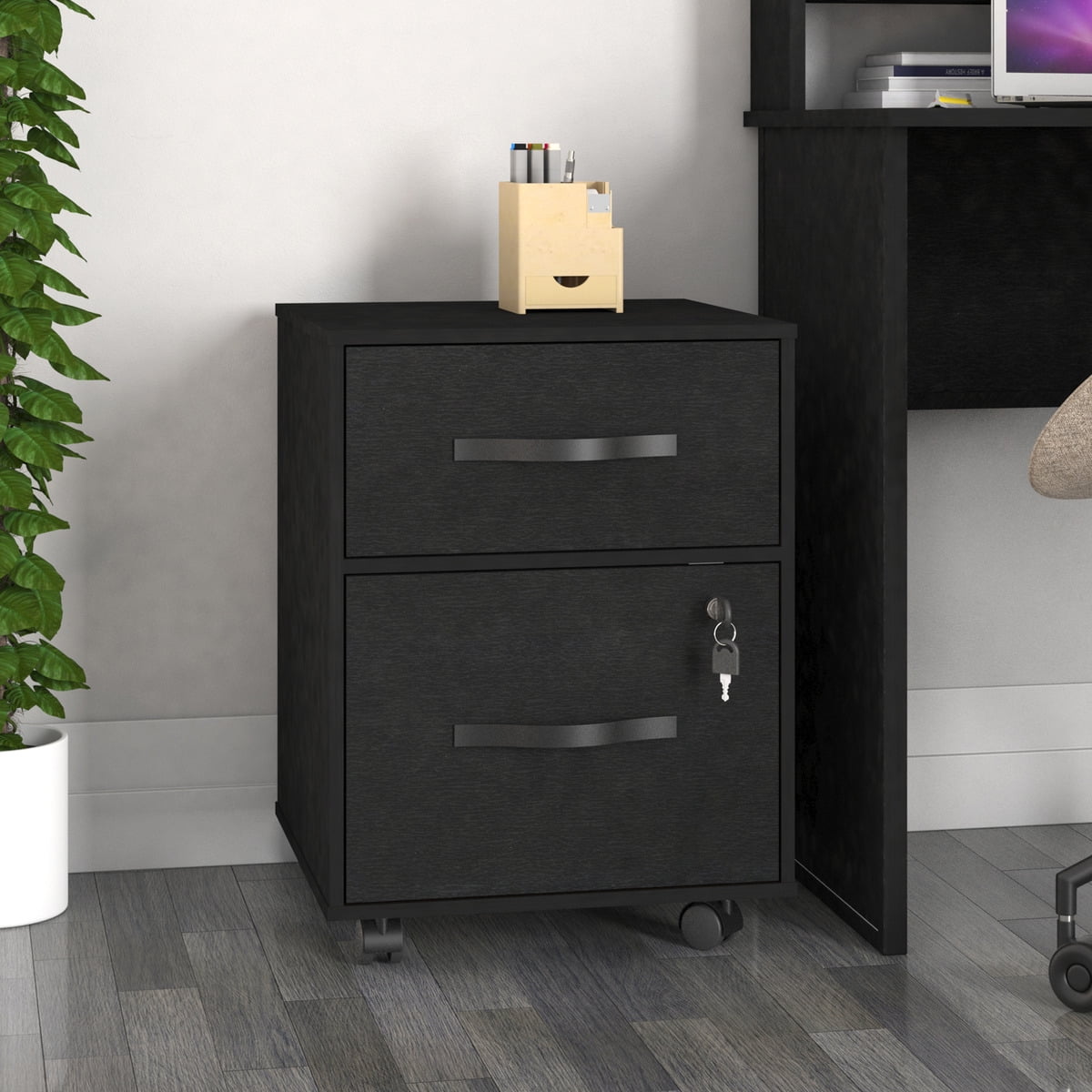 Essential 2-Drawer Letter-Size Filing Cabinet, One Drawer with Lock, 4 Wheels, Playcon Textured Laminate Top