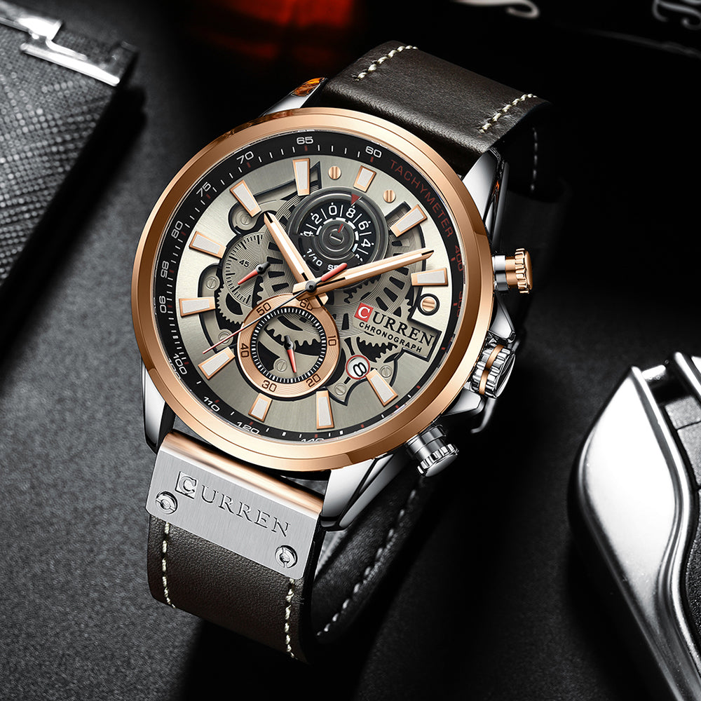 Curren Multifunctional True Three Eyes Chronograph Watch with Waterproof Leather Strap 8380 XS