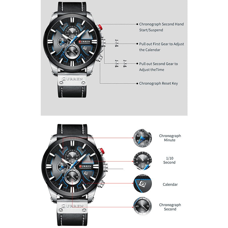 Curren Men's Waterproof Multifunctional Quartz Watch with Calendar and Leather Strap 8346 xs