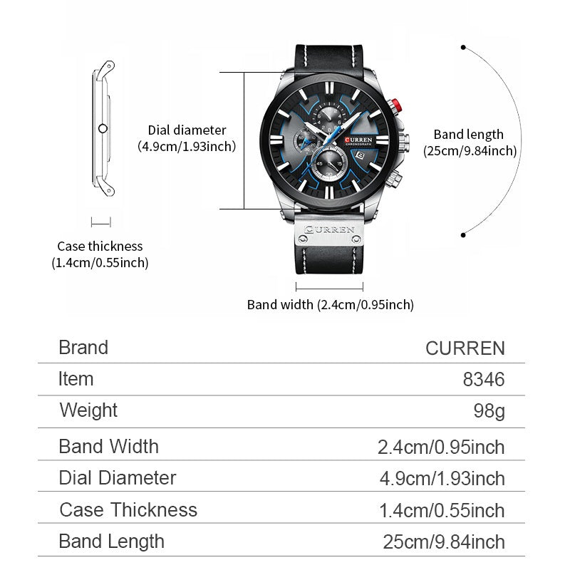Curren Men's Waterproof Multifunctional Quartz Watch with Calendar and Leather Strap 8346 xs