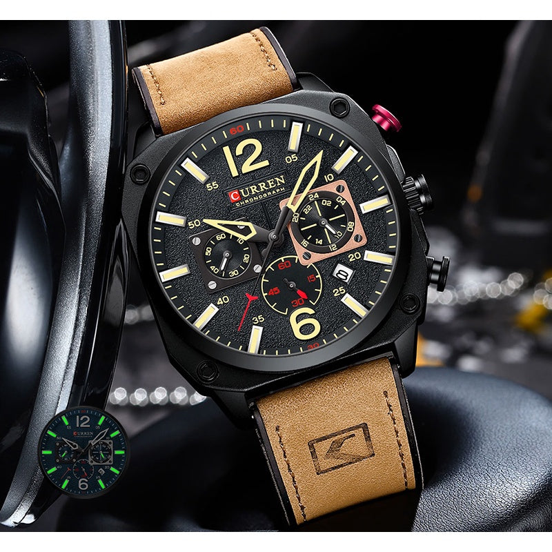 CURREN Men's Watch, Original Brand, Multifunctional, Luminous Hands, Leather, Casual, Waterproof, Business, Sports, Quartz, CR98LX