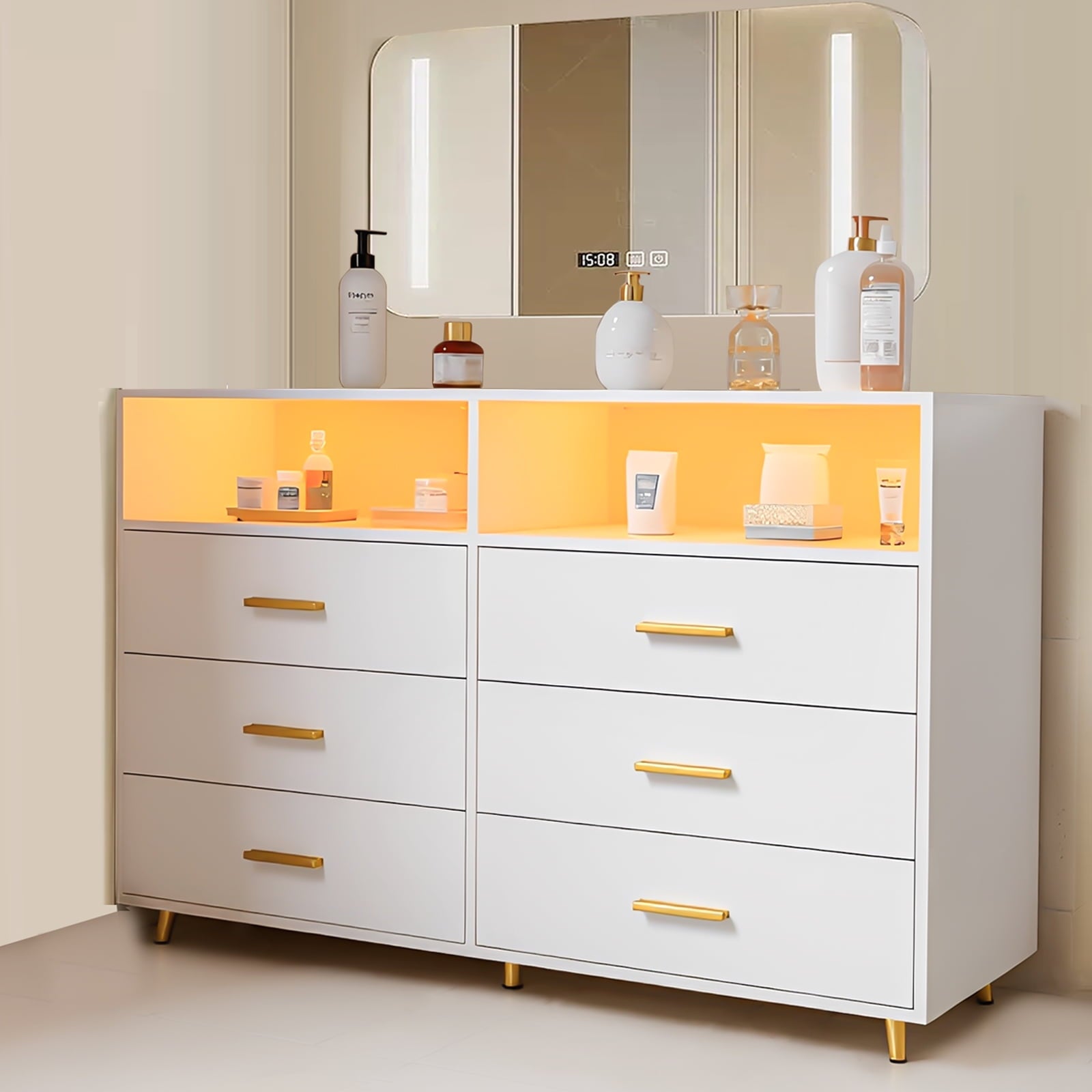 6-Drawer Chest of Drawers with LED Light, Modern Design for Bedroom - White