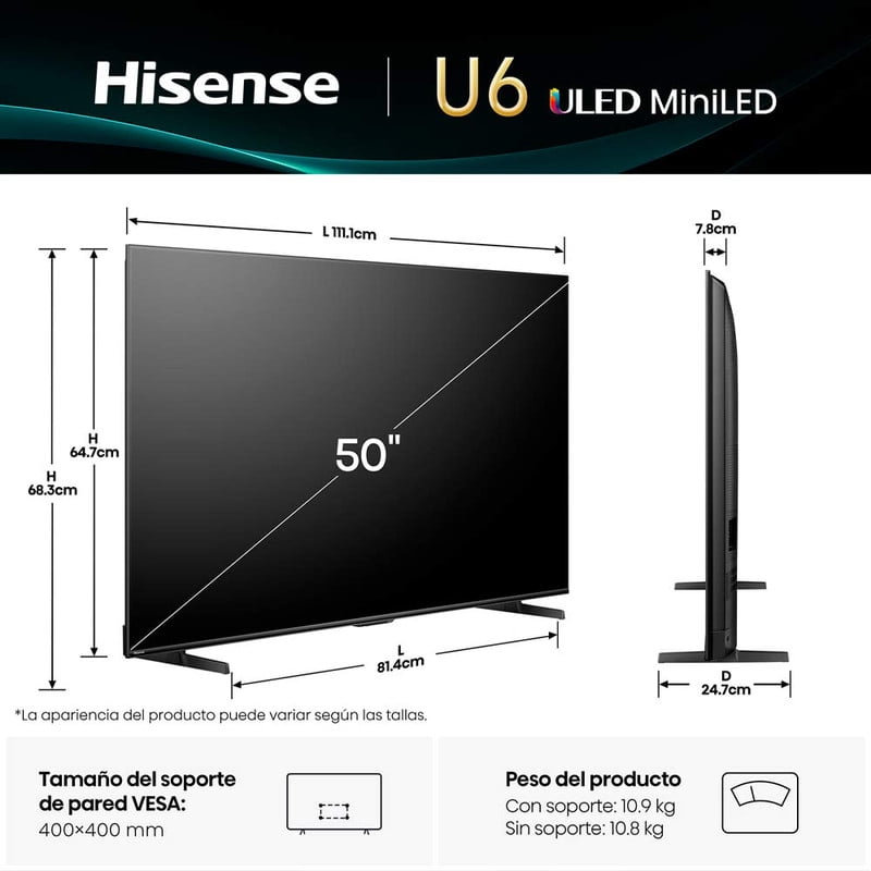 TV Hisense 50 pulgadas 50U6QV 4K QLED