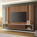 Empire TV Panel with LED Lighting and Storage | Curved Design | Sliding Doors | Chestnut/Off-White | For Screens up to 85"