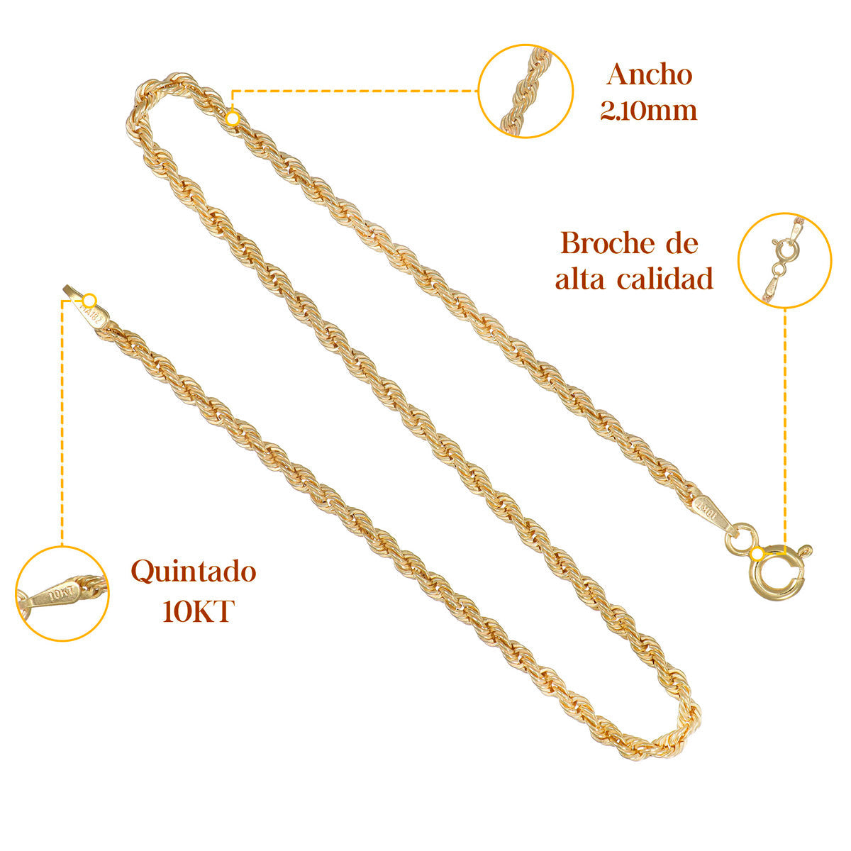 10k Torsal Italian Chain, 60cm Long, 2.1mm Gauge