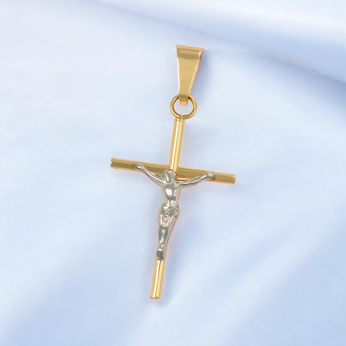 10k Gold Rhodium Plated Christ Tube Cross Pendant