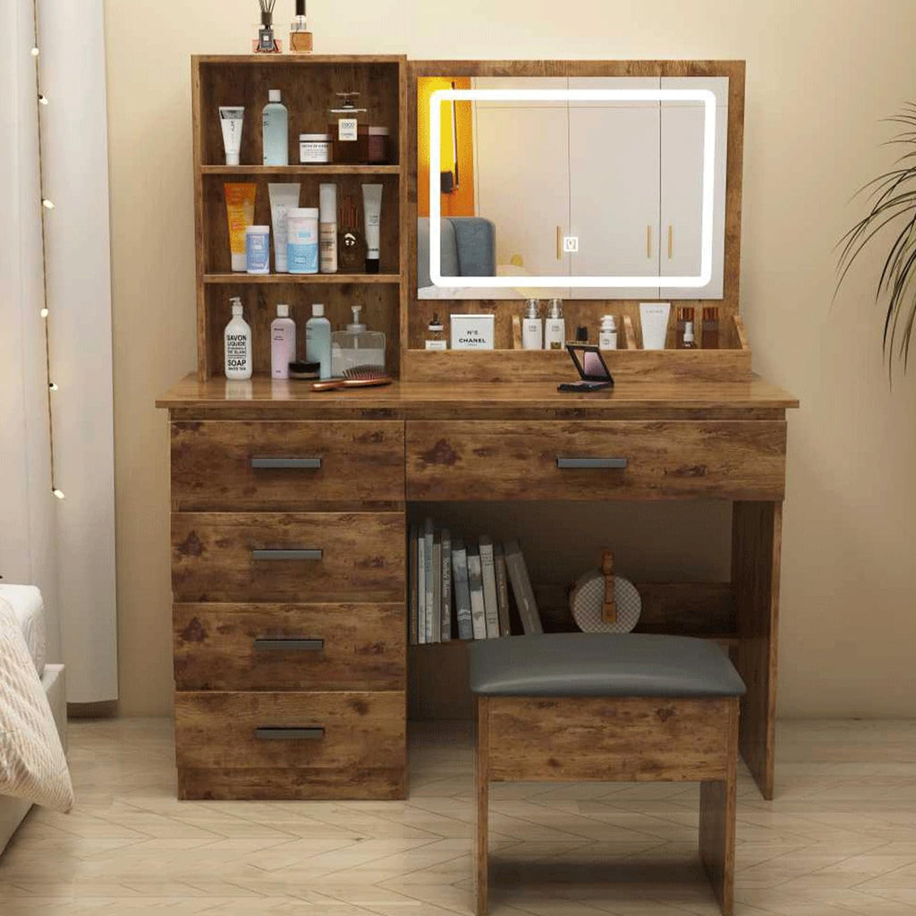 FL Tocador,Tocador de Maquillaje con Luces de Espejo,Vanity Tocador con 5 Cajones,Estantes de Almacenamiento,Taburete Acolchado, Tocador con 3 Estantes, Mesa de Maquillaje para Dormitorio 90*40*132CM