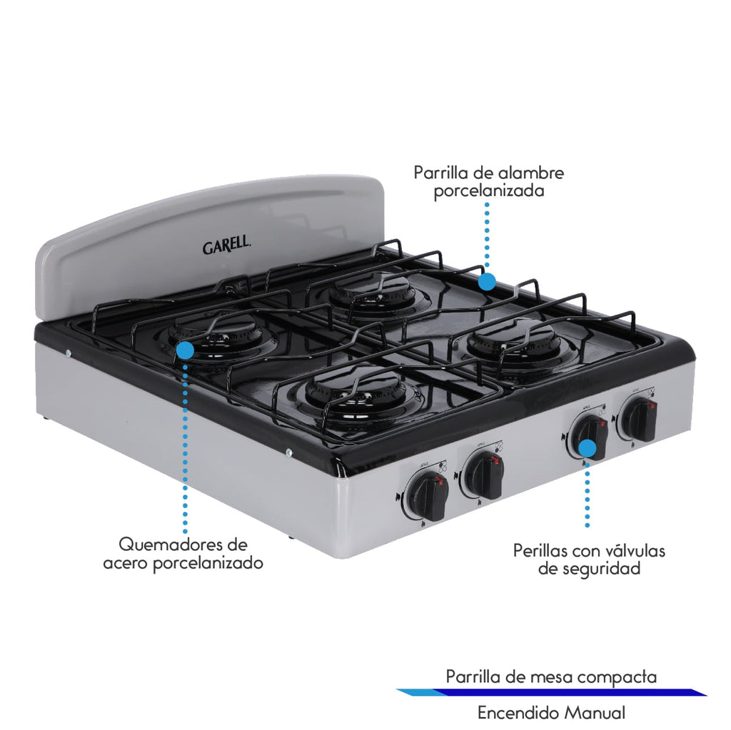 Estufa Parrilla de Gas de Mesa 4 quemadores Gris Garell PM4Q-G