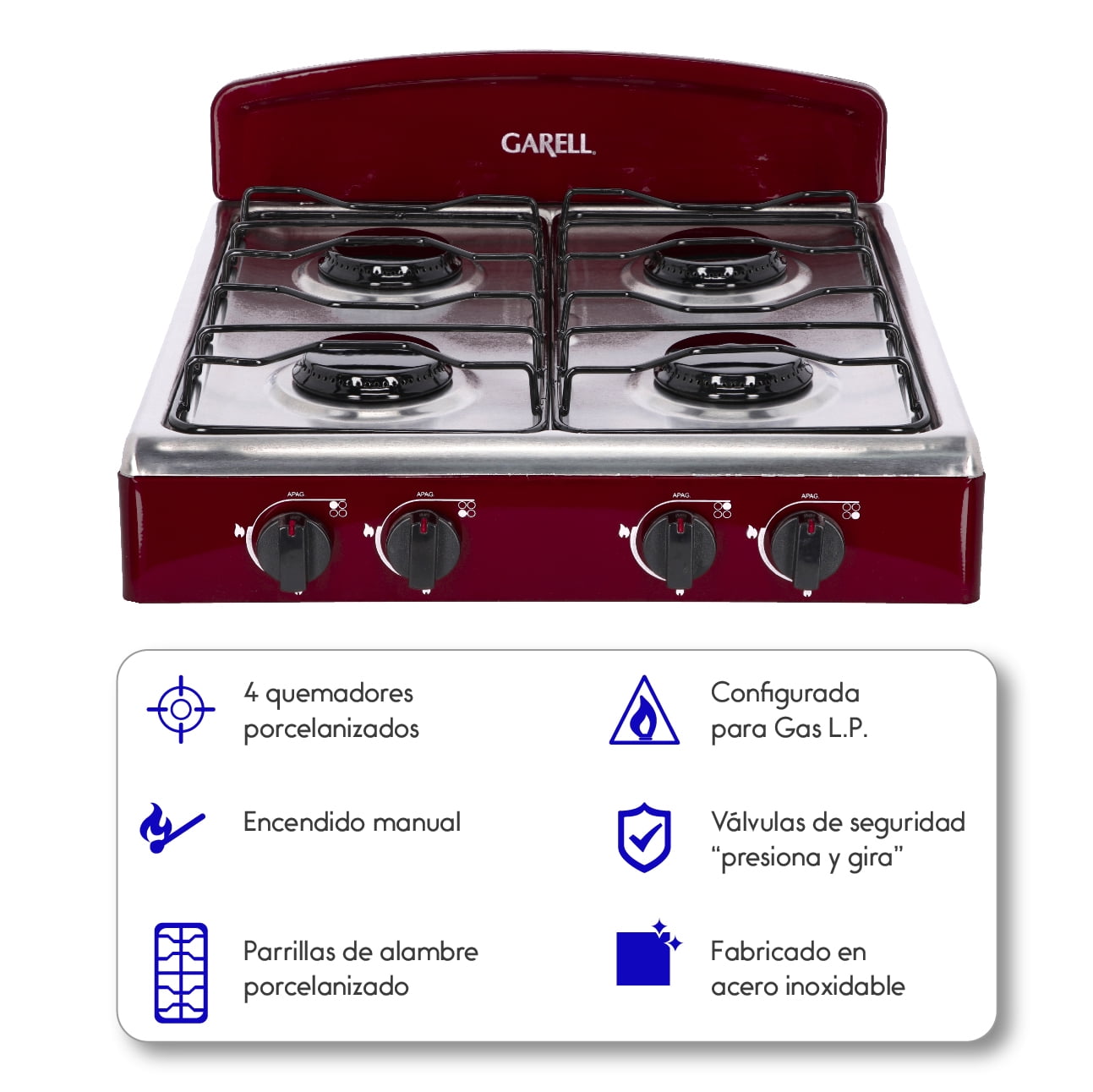 Garell PM4Q-IT 4 Burner Gas Tabletop Grill Stove in Stainless Steel