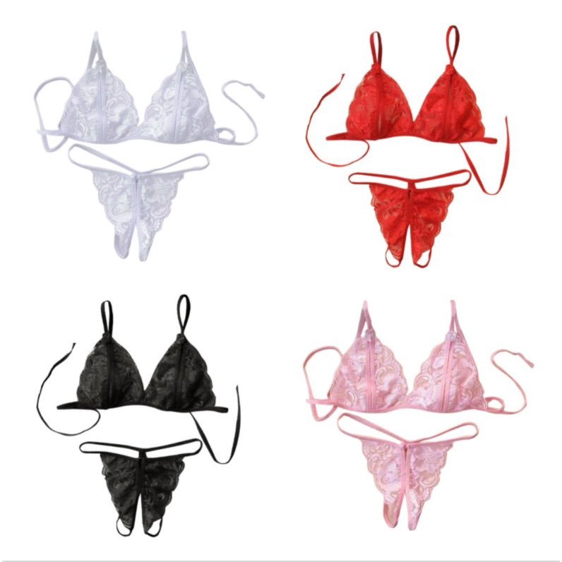 (Sexy lingerie) erotic women's lace see-through triangle cup open crotch bra panties underwear set