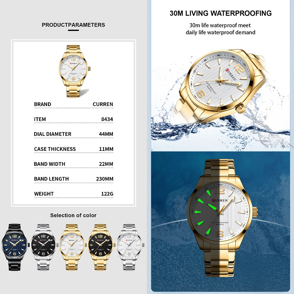 CURREN Men's Watch Original Brand Luminous Hand New Fashion Simple Business Casual Stainless Steel Quartz Waterproof 8434 X
