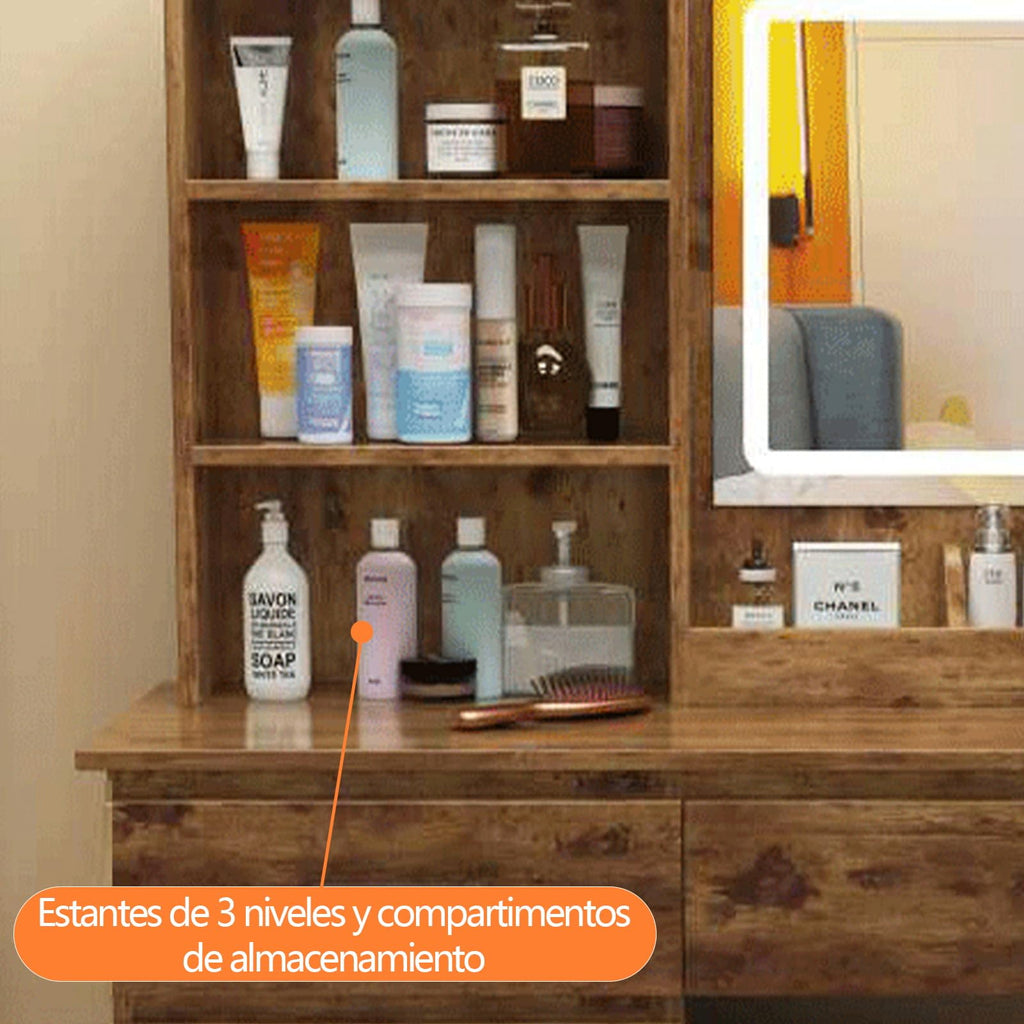 FL Tocador,Tocador de Maquillaje con Luces de Espejo,Vanity Tocador con 5 Cajones,Estantes de Almacenamiento,Taburete Acolchado, Tocador con 3 Estantes, Mesa de Maquillaje para Dormitorio 90*40*132CM