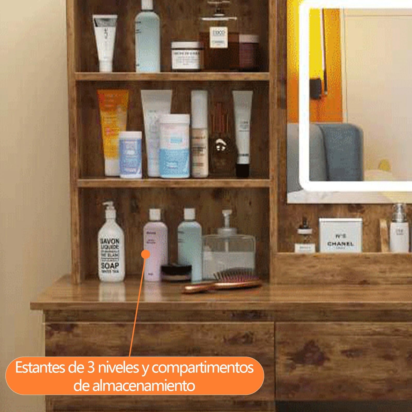 FL Dressing Table, Makeup Vanity with Mirror Lights, Vanity Dressing Table with 5 Drawers, Storage Shelves, Padded Stool, Dressing Table with 3 Shelves, Makeup Table for Bedroom 90*40*132CM