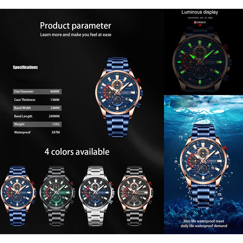 Original CURREN Men's Watch New Fashion Casual Business Retro Military Sports Stainless Steel Quartz Waterproof 8415 x