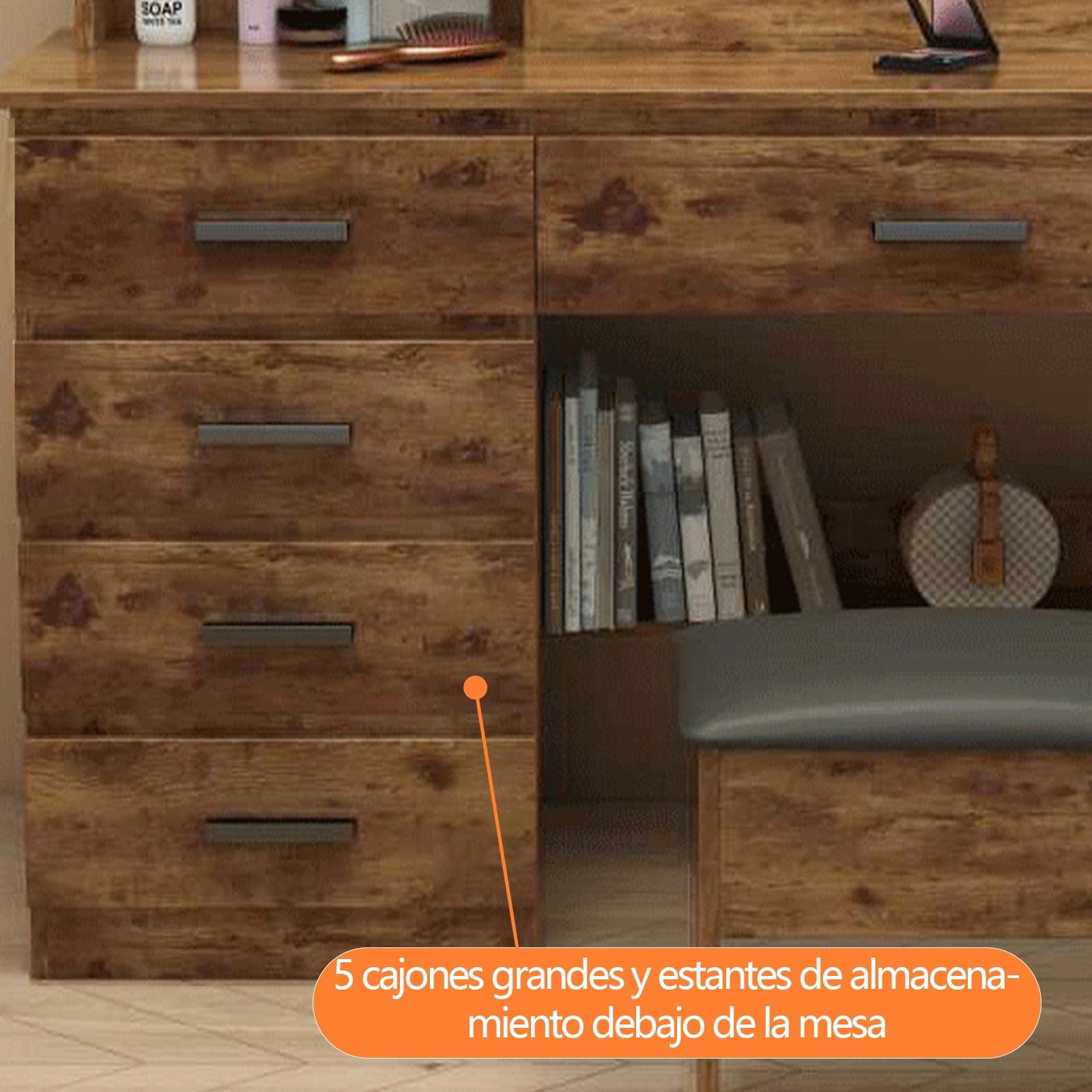 FL Dressing Table, Makeup Vanity with Mirror Lights, Vanity Dressing Table with 5 Drawers, Storage Shelves, Padded Stool, Dressing Table with 3 Shelves, Makeup Table for Bedroom 90*40*132CM