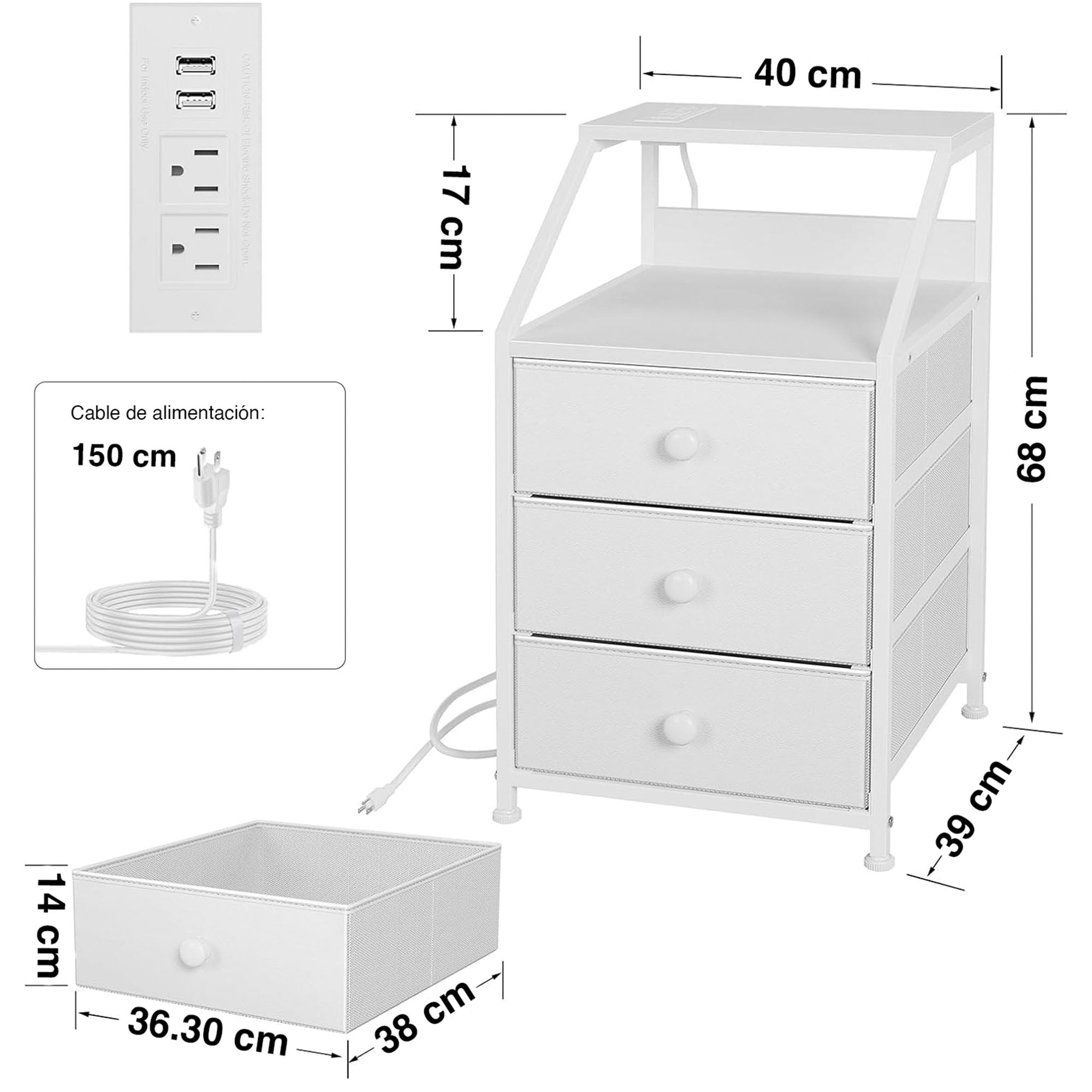Set of 2 bedside tables with USB charging station and plug