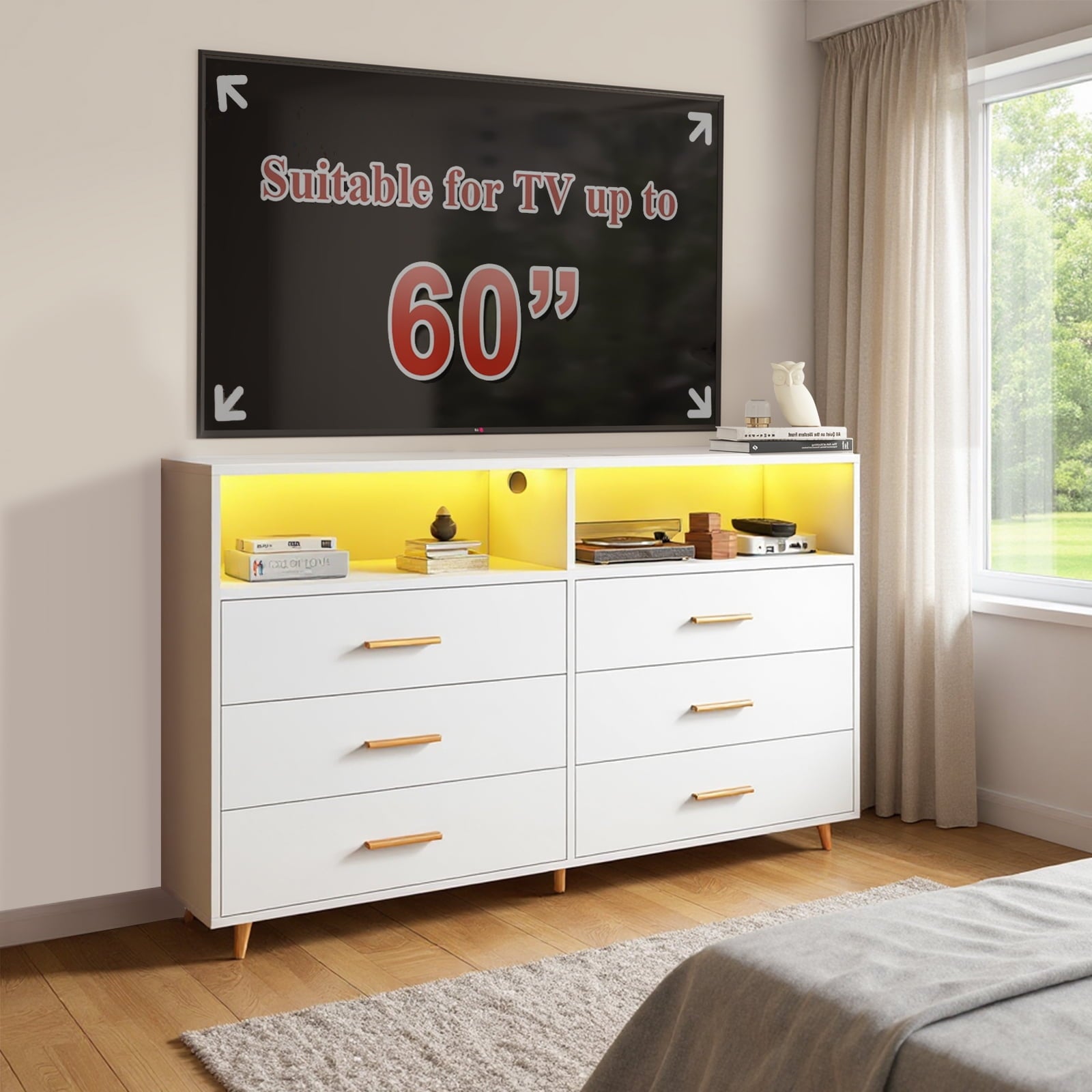 6-Drawer Chest of Drawers with LED Light, Modern Design for Bedroom - White