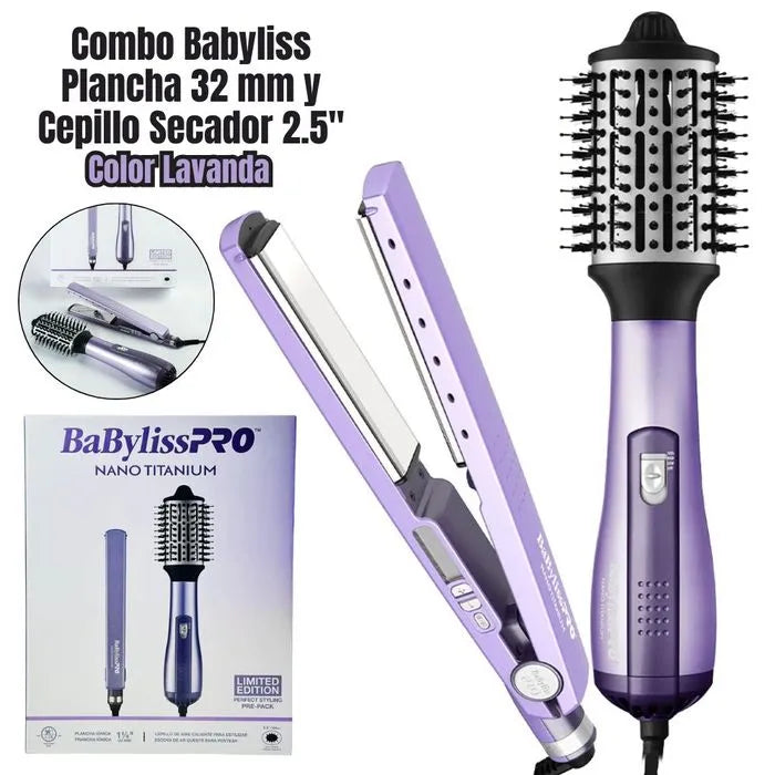 BaBylissPRO Nano Titanium Set de plancha de 1 ¼" y cepillo de aire caliente de 2½"