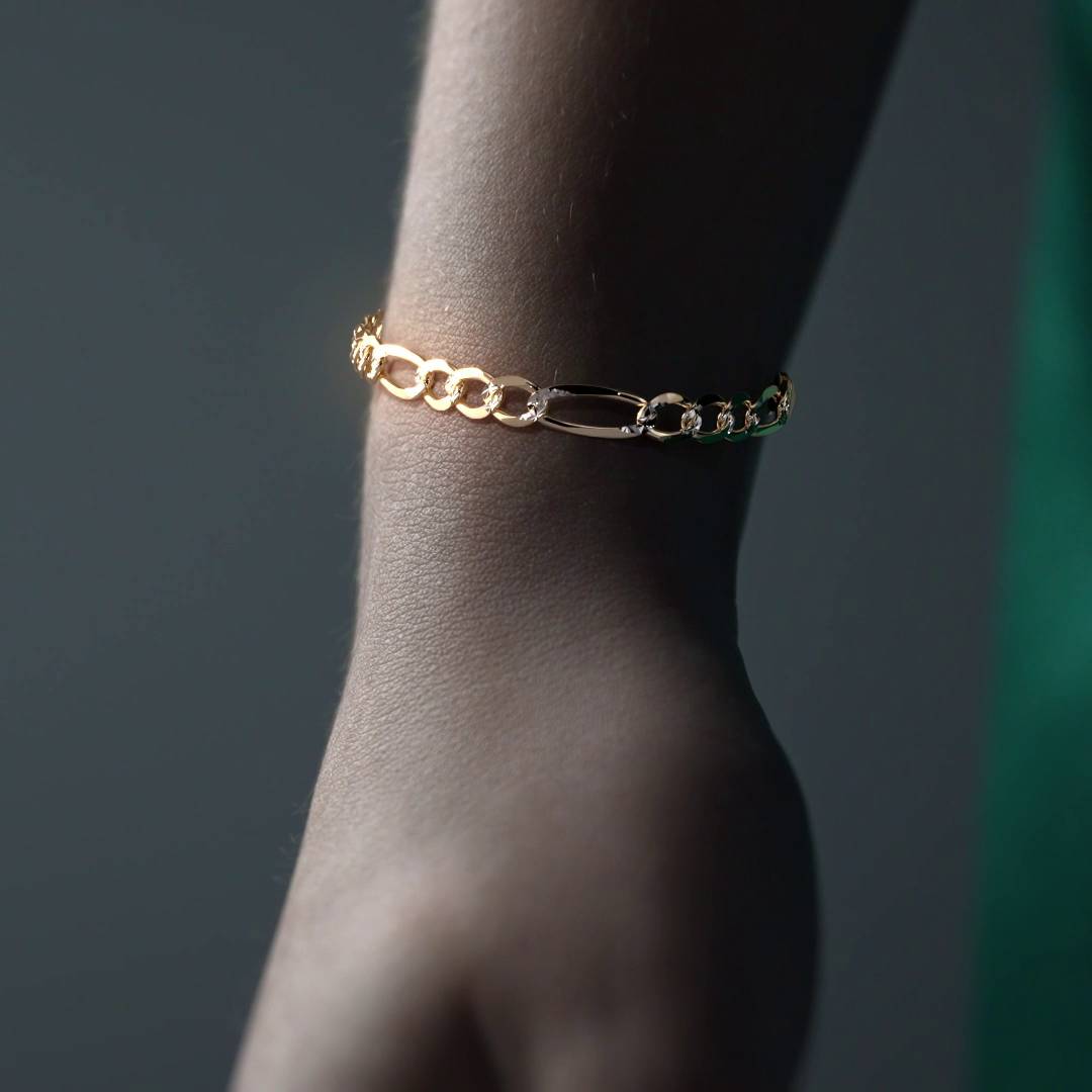 Pulsera de Oro 10K Estilo Fígaro 3x1 Pavé Italiano | Brazalete Sólido de Joyería Fina