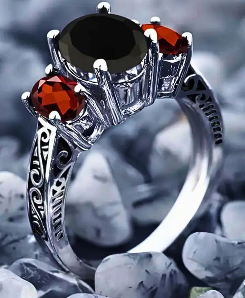 S925 Sterling Silver Ring with Black and Red Cubic Zirconia, Closed, Calenbi