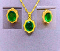 Titanium Steel Necklace and Earrings Set "King's Crown" with Faceted Green Cubic Zirconia and 14k Gold Plating by Calenbi