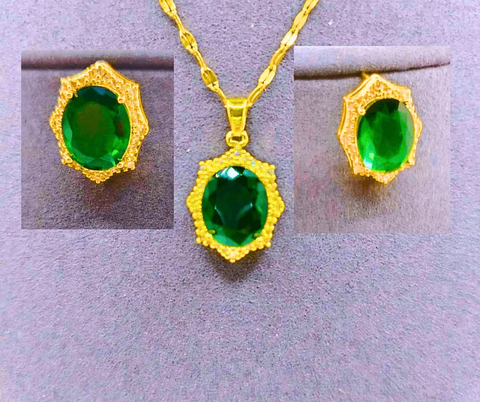 Titanium Steel Necklace and Earrings Set "King's Crown" with Faceted Green Cubic Zirconia and 14k Gold Plating by Calenbi