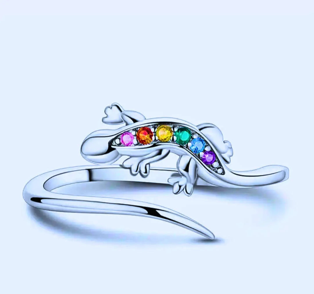 S925 Sterling Silver Ring with Cubic Zirconia and Colorful Salamander Design by Calenbi