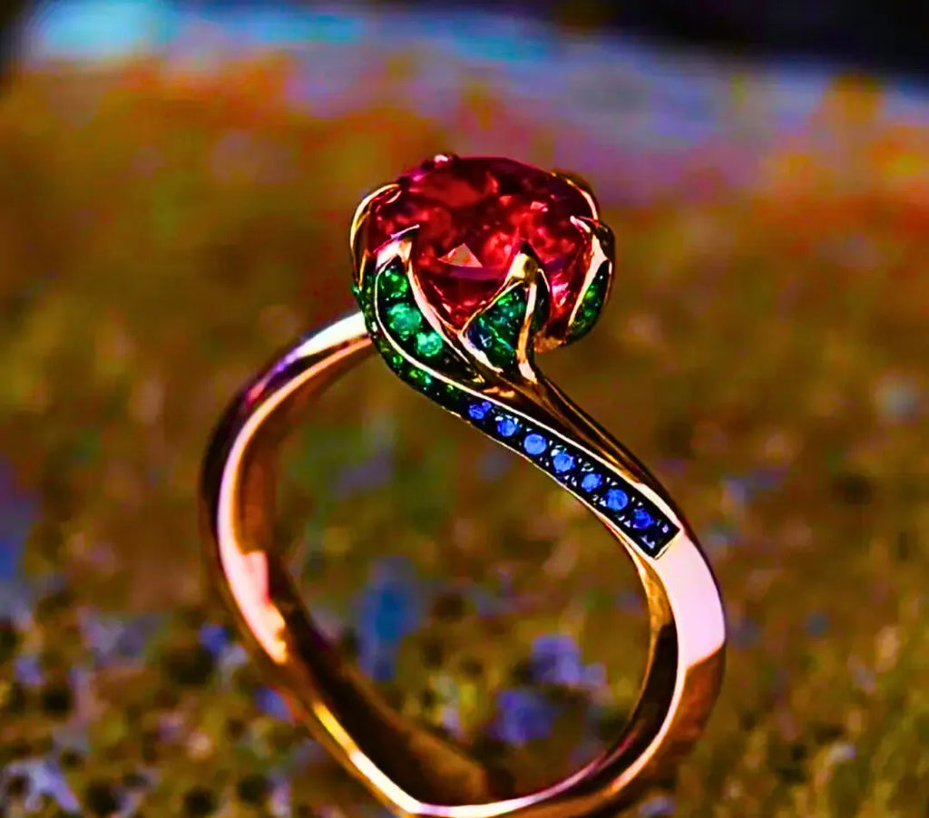 Copper Ring "Eternal Flower" Red Cubic Zirconia 10k Rose Gold Plated