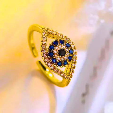 Anillo Acero Inoxidable Circonita Blanco y Azul Chapa Oro 14K Ajustable Calenbi