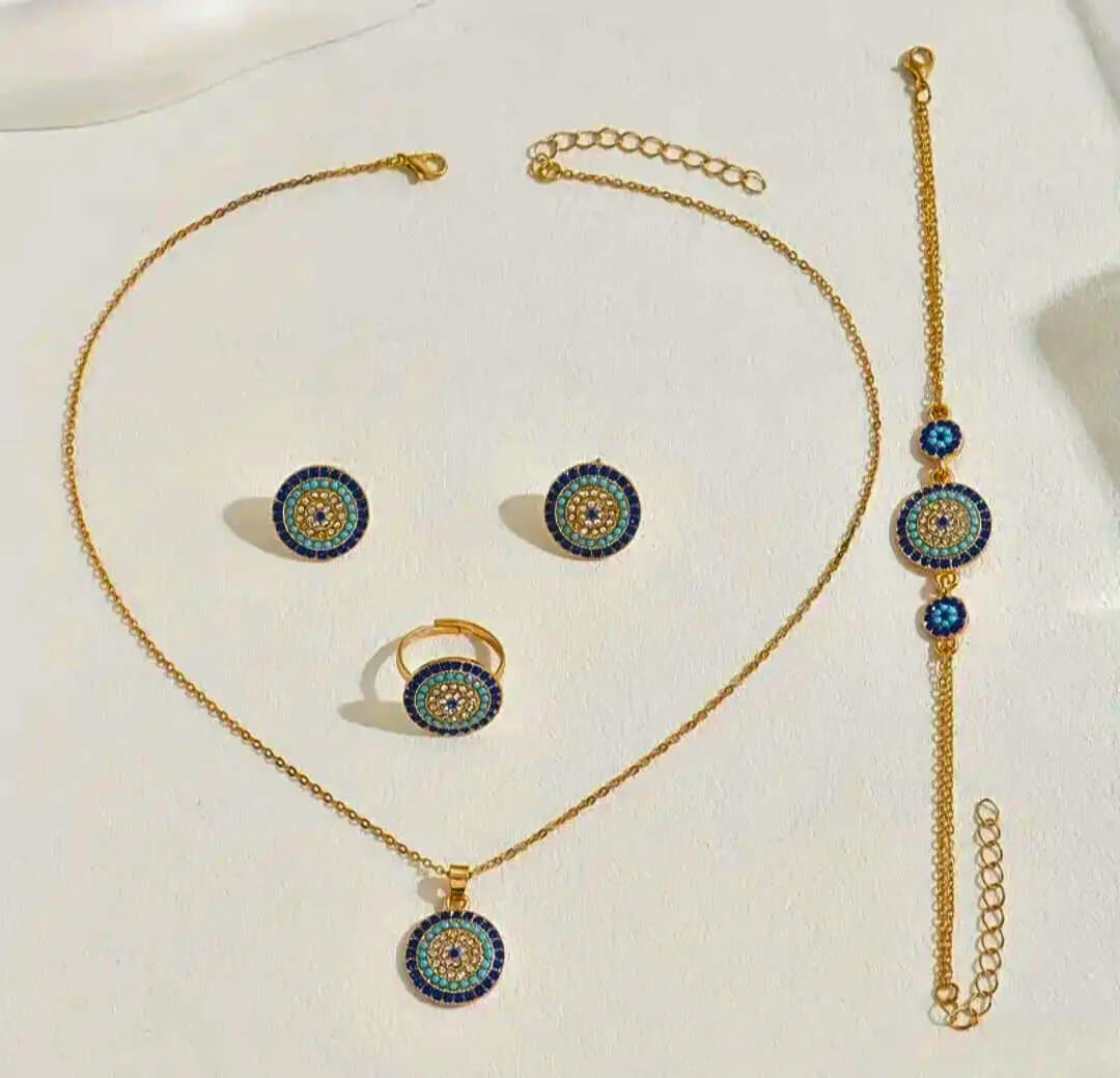 Complete Set Stainless Steel Turkish Eye White and Blue Cubic Zirconia Calenbi