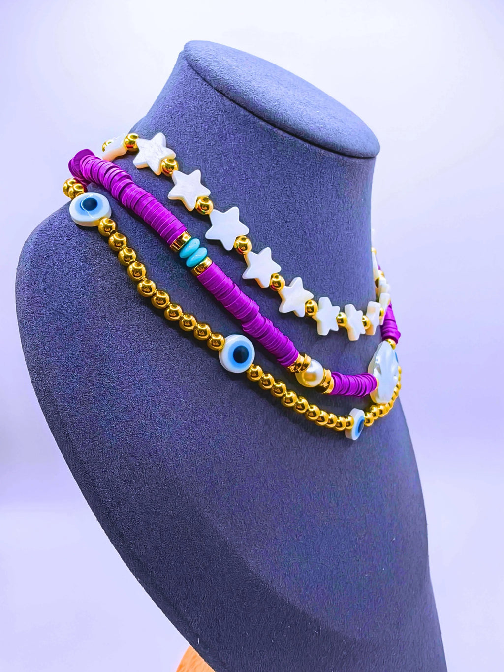 Bohemian Triple Purple Plastic Necklace with Turkish Eye Design by Calenbi