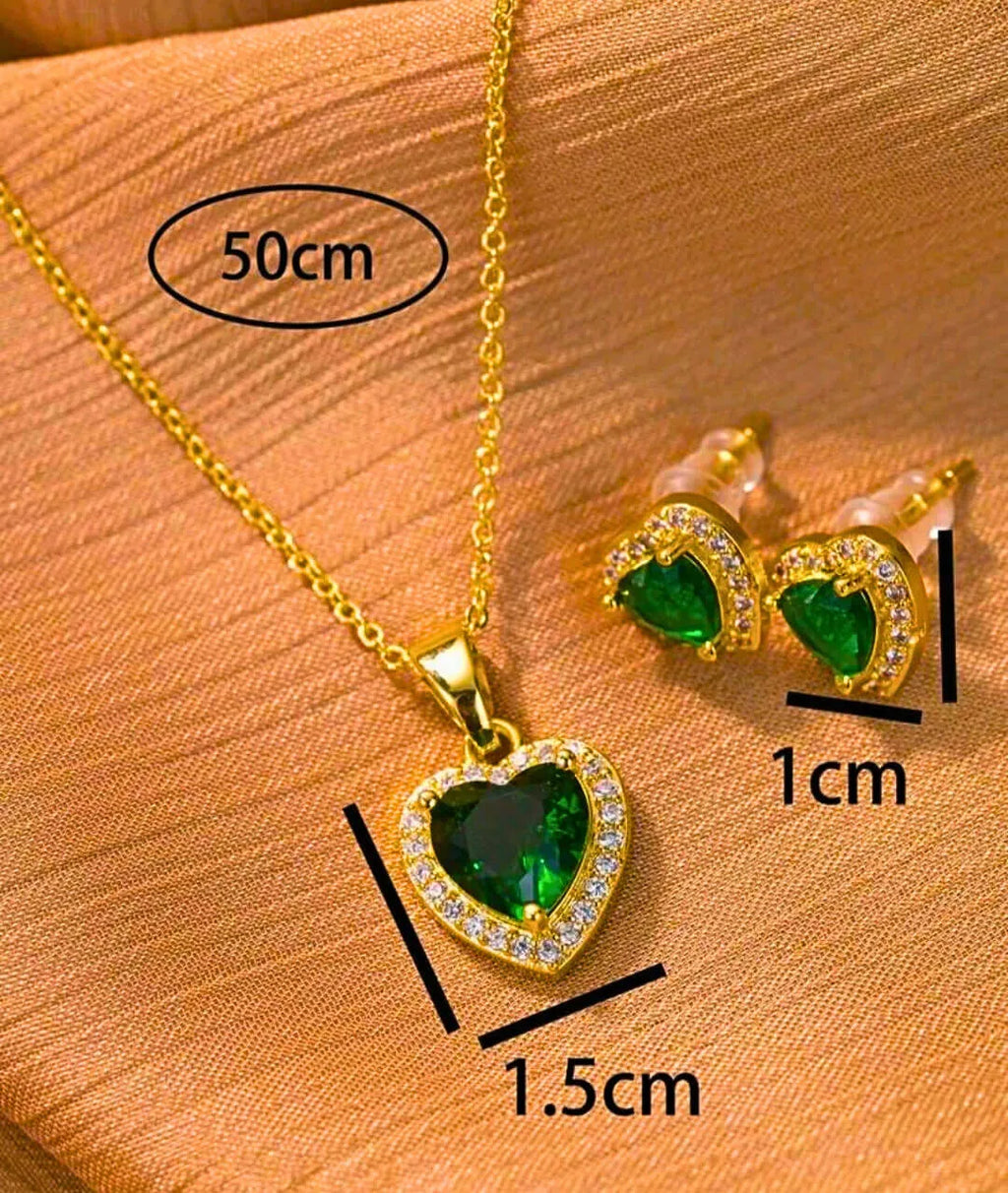 Stainless Steel Necklace and Earrings Set with Heart, Green Cubic Zirconia, 10k Gold Plated, Calenbi