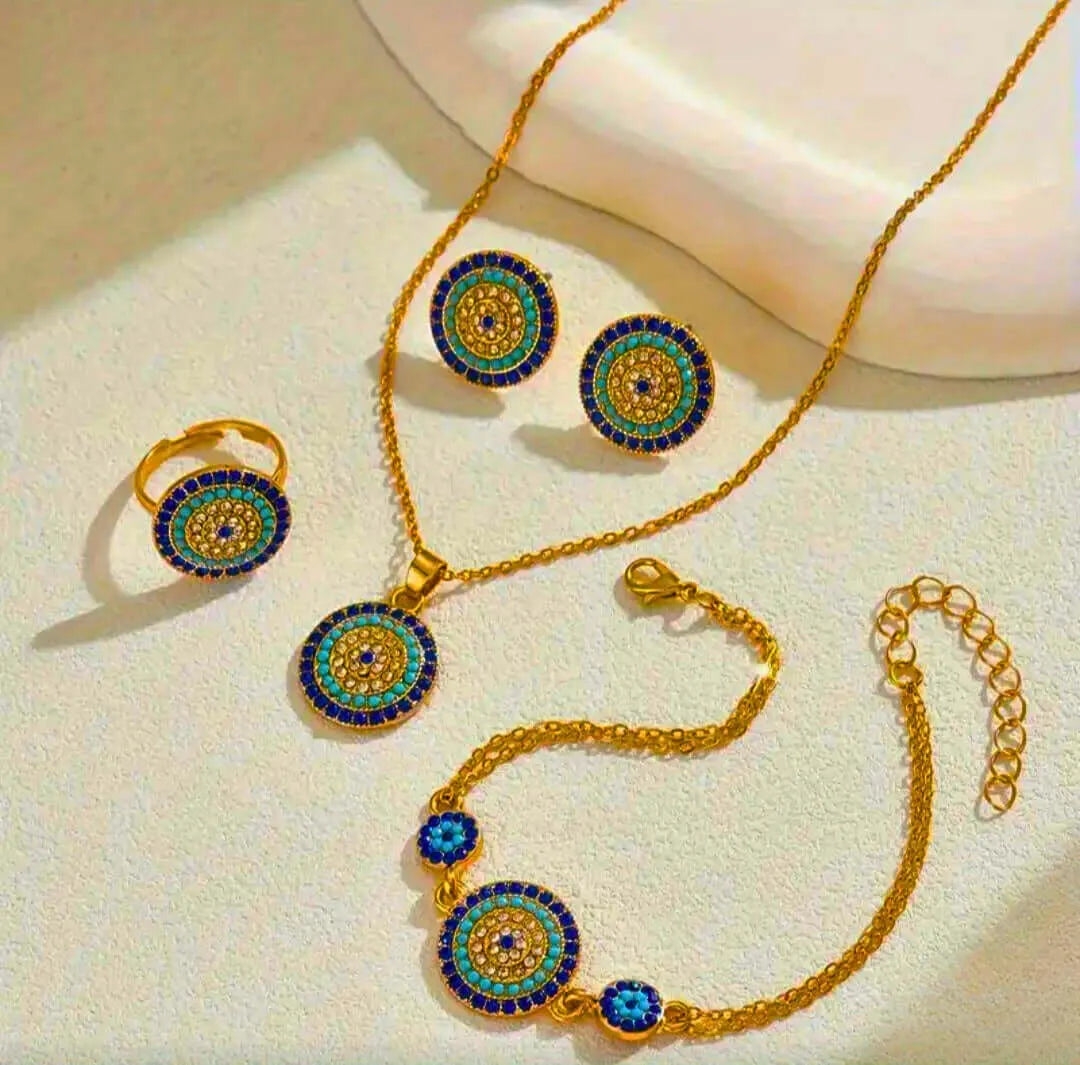 Complete Set Stainless Steel Turkish Eye White and Blue Cubic Zirconia Calenbi