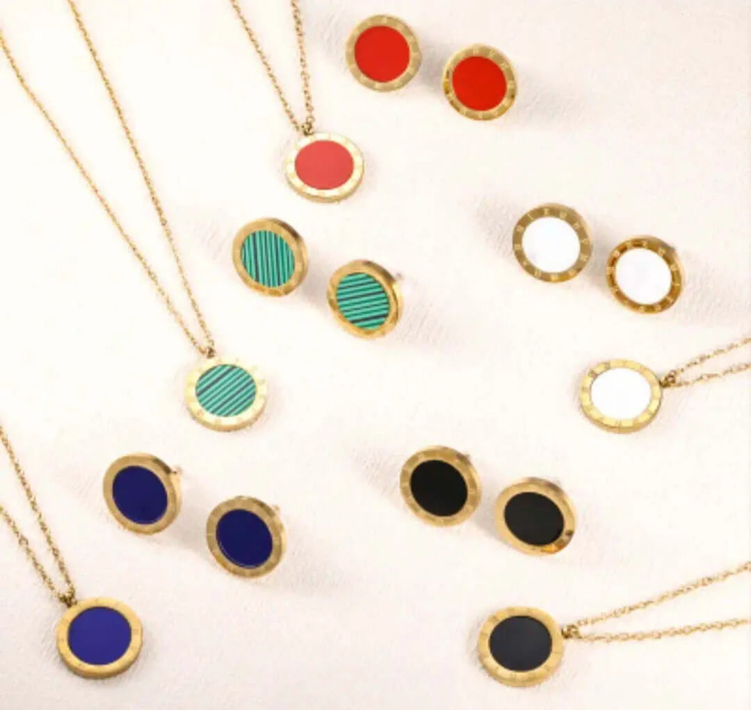 Stainless Steel Necklace and Earrings Set with Roman Numerals and 10k Gold Plating by Calenbi