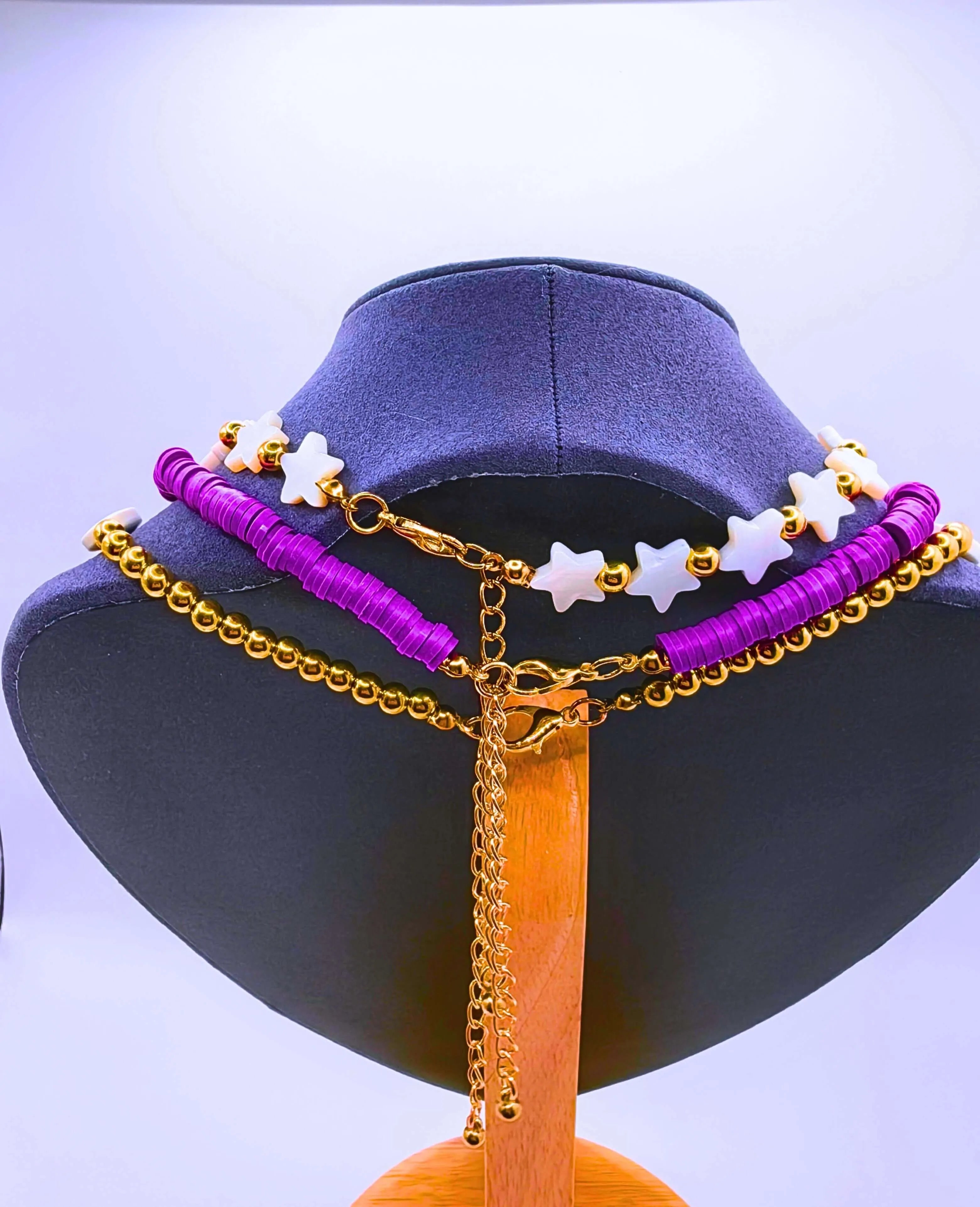 Bohemian Triple Purple Plastic Necklace with Turkish Eye Design by Calenbi