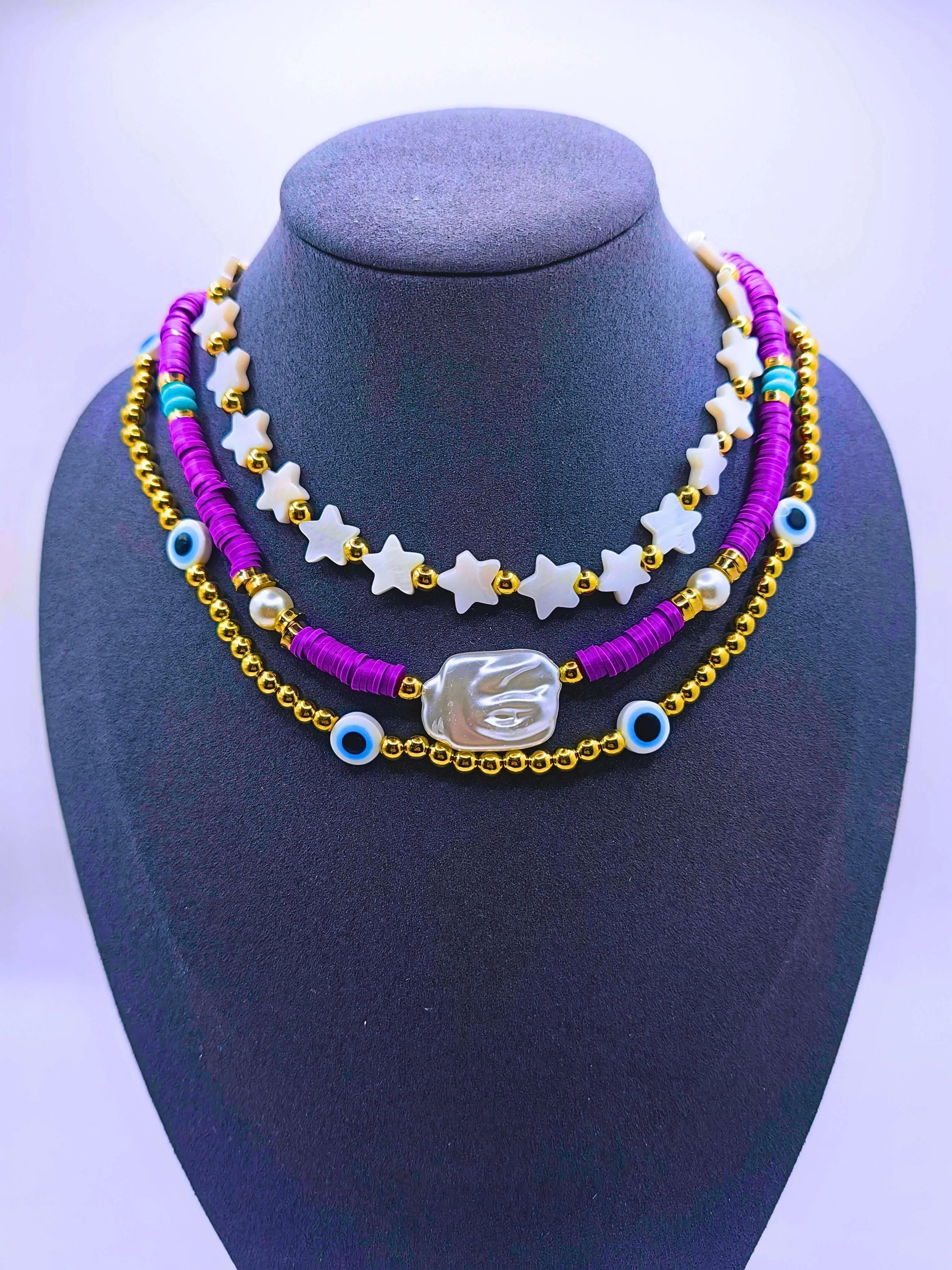 Bohemian Triple Purple Plastic Necklace with Turkish Eye Design by Calenbi