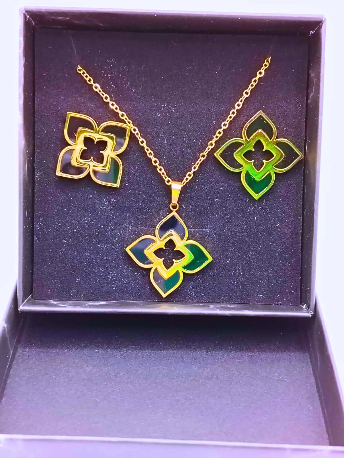 NEB0003,04 - Calenbi Titanium Steel Lotus Flower Epoxy Necklace and Earrings Set with 10k Gold Plating