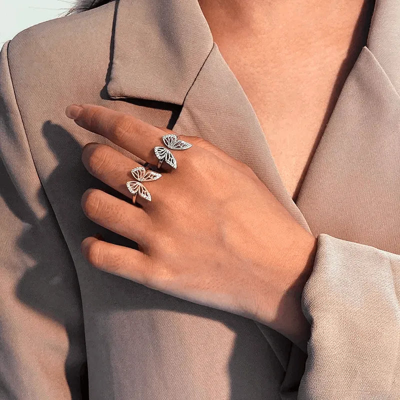 S925 Sterling Silver Butterfly Ring, Adjustable, 10k Gold Plated, Calenbi