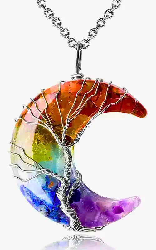 Calenbi Moon and Seven Chakras Necklace and Pendant with Natural Opal