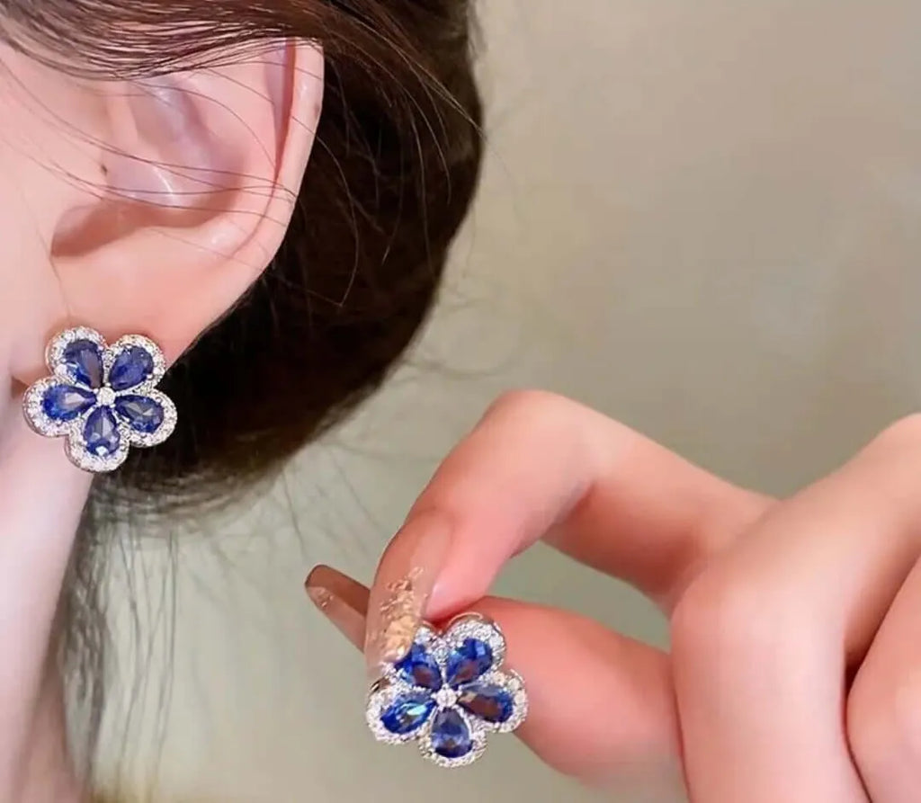 Calenbi Stainless Steel Necklace and Earrings Set with Cubic Zirconia and Blue Flower