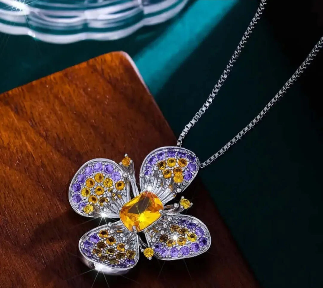 Brave Flower Pendant Necklace with Purple and Yellow Cubic Zirconia by Calenbi
