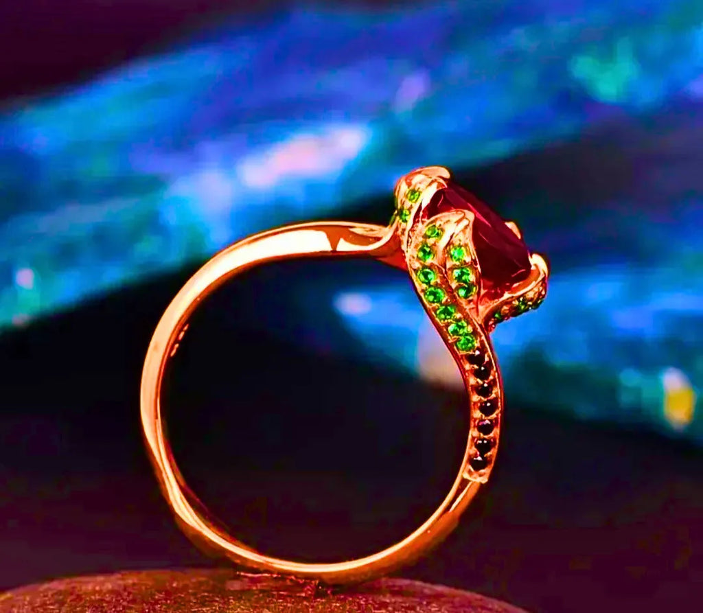 Copper Ring "Eternal Flower" Red Cubic Zirconia 10k Rose Gold Plated
