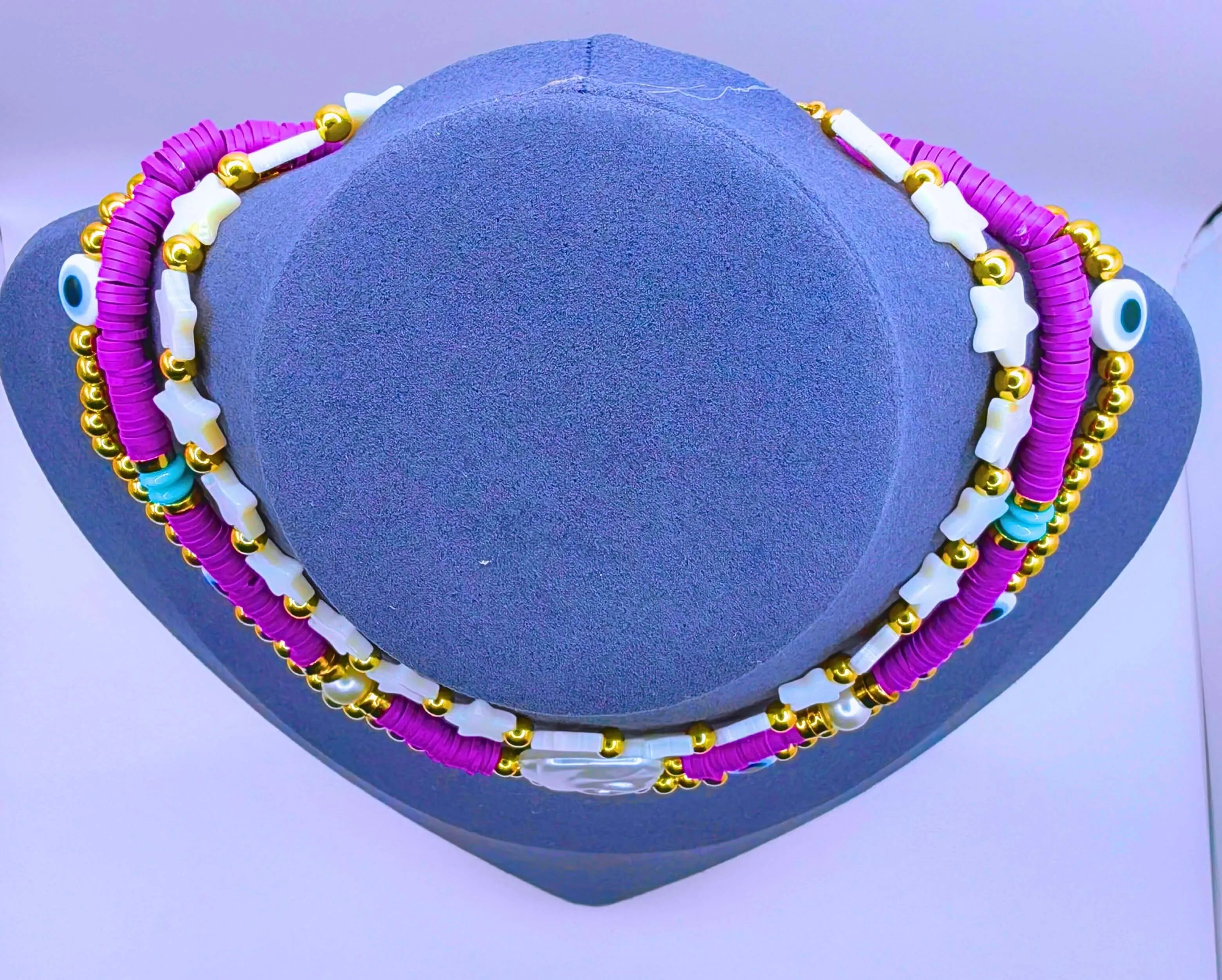Bohemian Triple Purple Plastic Necklace with Turkish Eye Design by Calenbi
