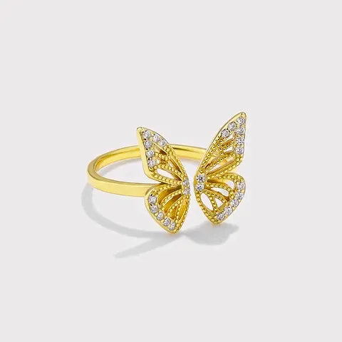 S925 Sterling Silver Butterfly Ring, Adjustable, 10k Gold Plated, Calenbi