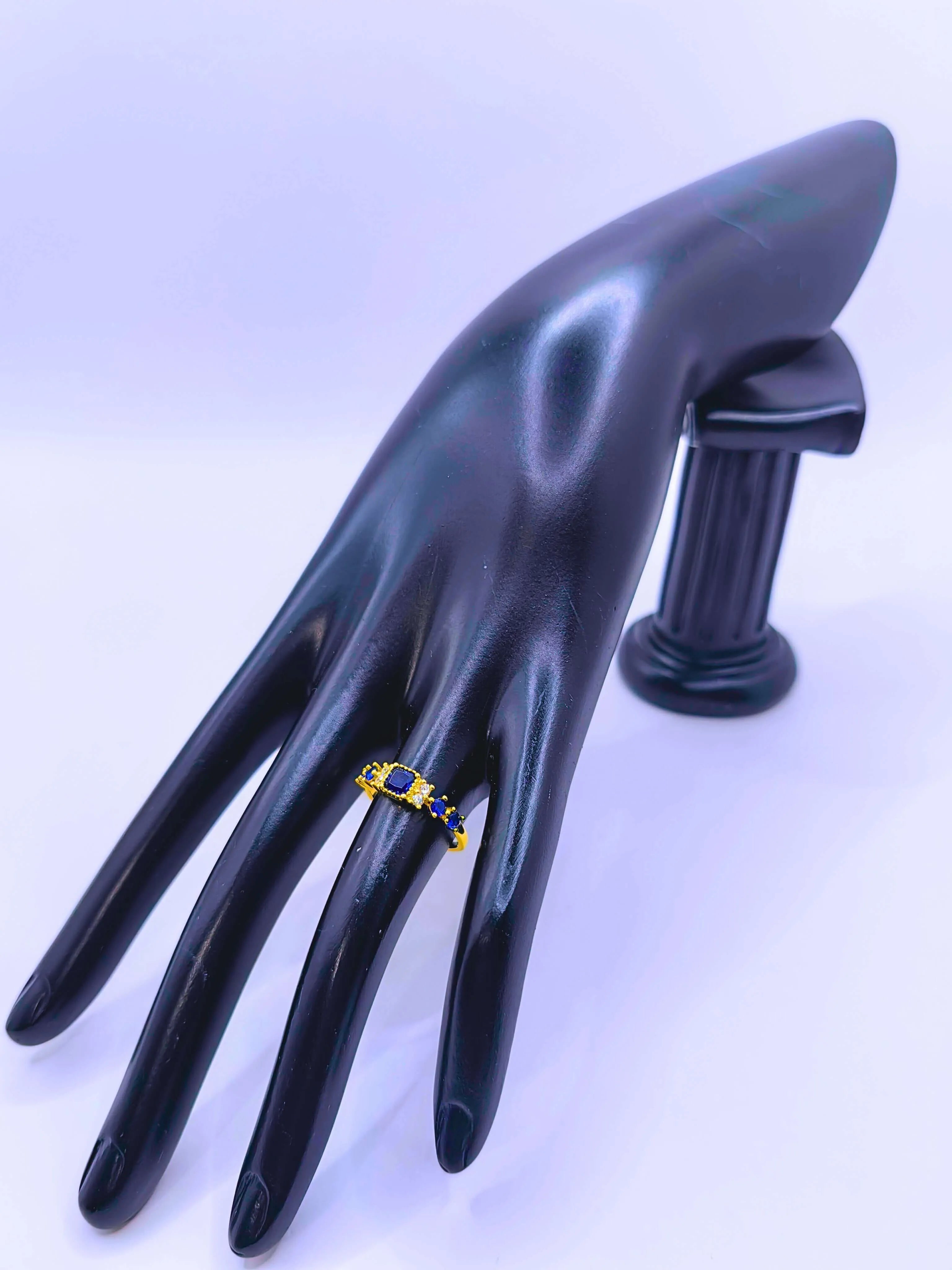 S925 Sterling Silver Ring with Navy Blue Cubic Zirconia "Queen's Gaze" 12K Gold Plated Calenbi