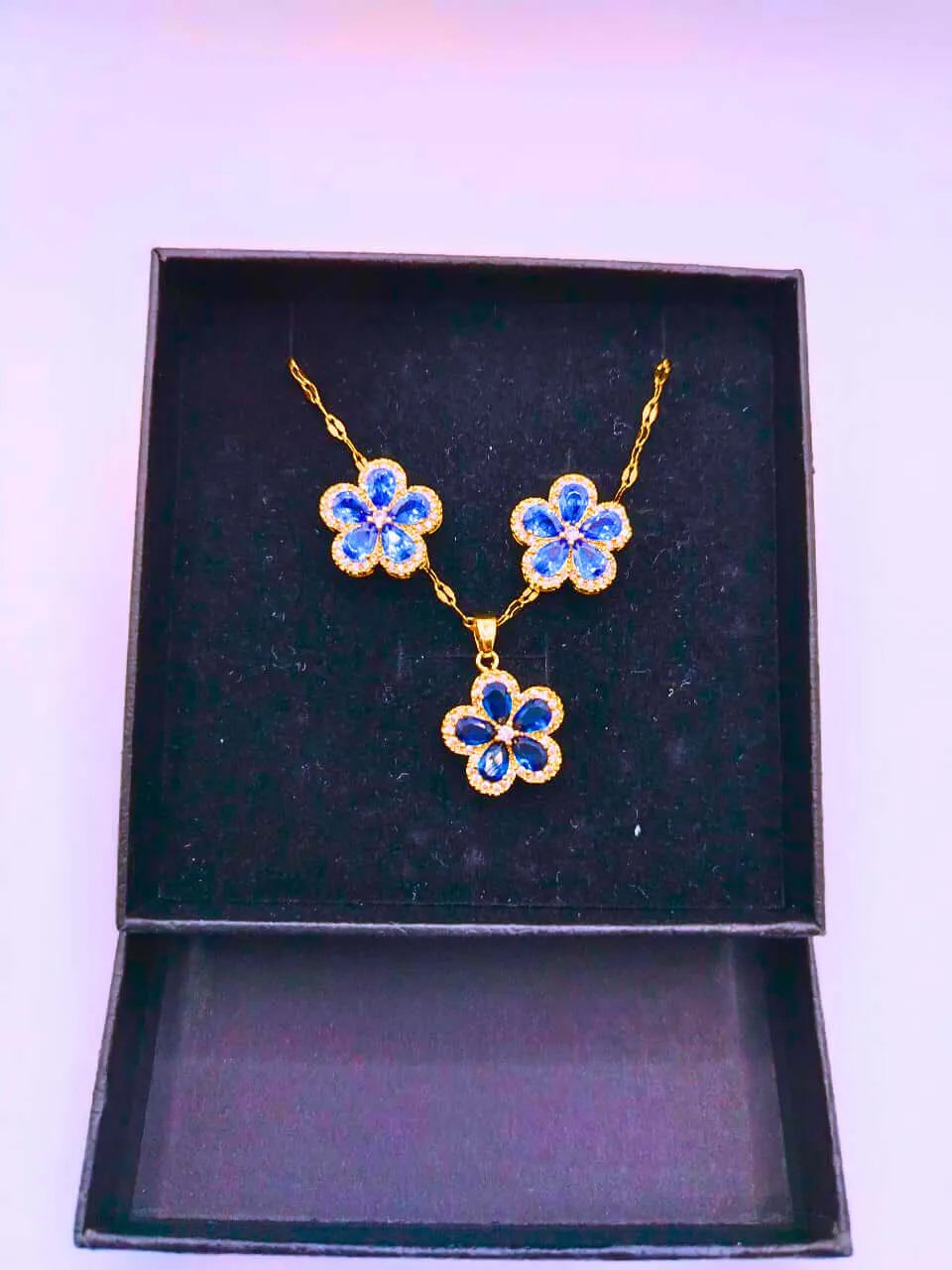Stainless Steel Necklace and Earrings Set, Blue Flower, 10k Gold Plated, Calenbi