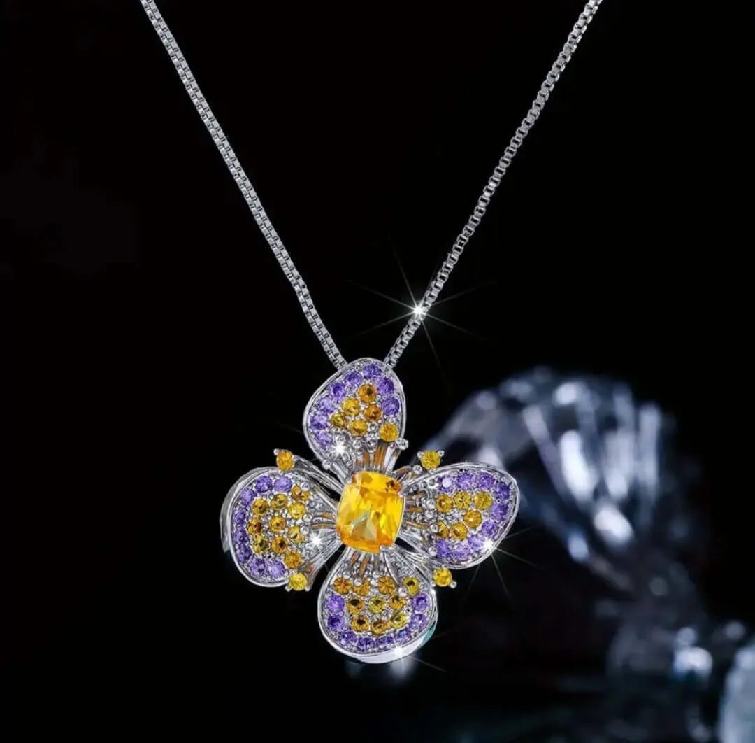 Brave Flower Pendant Necklace with Purple and Yellow Cubic Zirconia by Calenbi