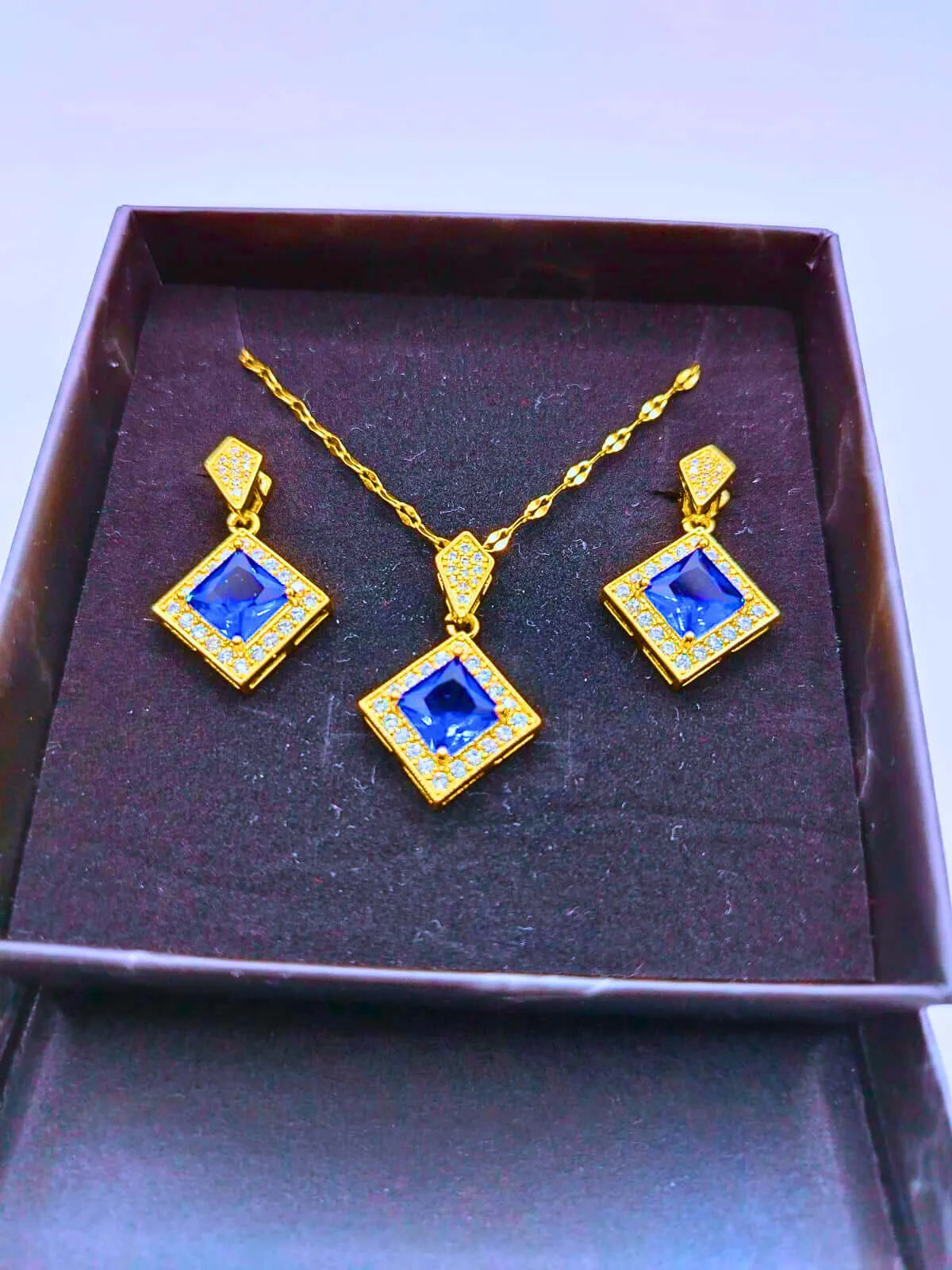 Calenbi Titanium Steel Rhombus Blue Cubic Zirconia Necklace and Earrings Set, 14k Gold Plated