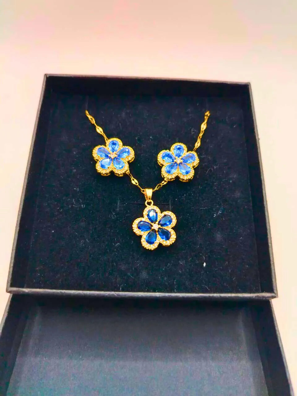Stainless Steel Necklace and Earrings Set, Blue Flower, 10k Gold Plated, Calenbi