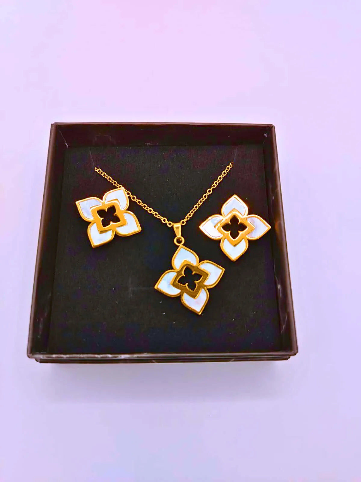 NEB0003,04 - Calenbi Titanium Steel Lotus Flower Epoxy Necklace and Earrings Set with 10k Gold Plating